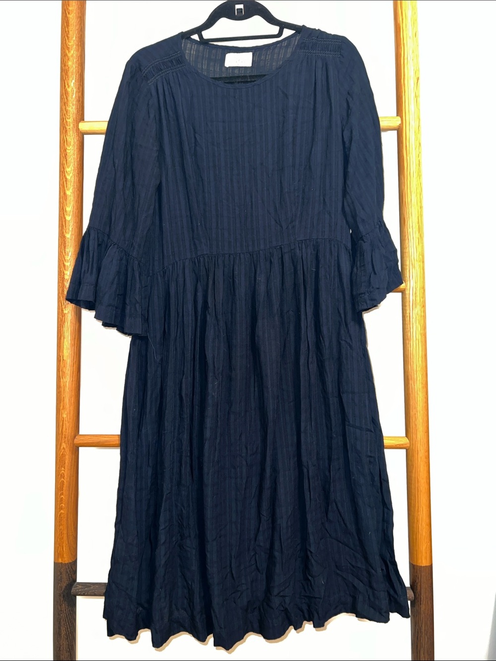 Stella Forest Paris Navy Textured Cotton Midi Dress - Size 38 (US 6 / M)